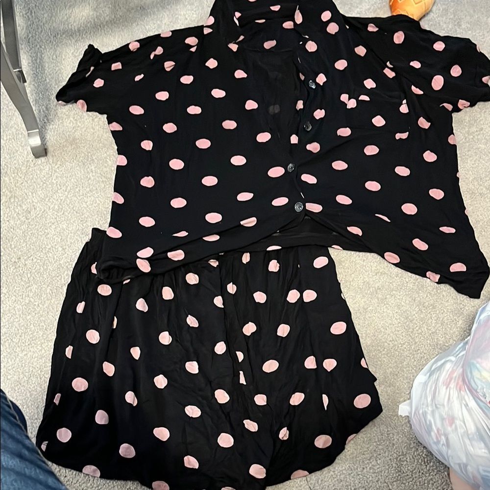 Black and Pink Polka Dot Button-Up Shirt and Shorts Set pjs